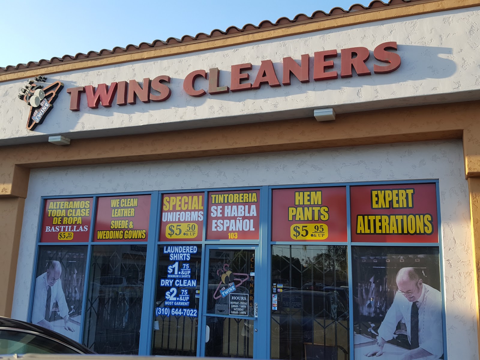 Storefront of Twins Cleaners & Alteration on Hawthorne Blvd in Lawndale, with services signage